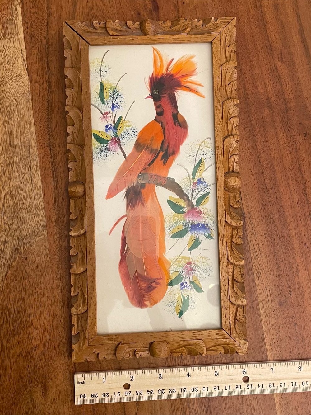 Vintage Mexican Feather Art Arte Plumaria Vibrant Red Tropical Bird Carved Frame - Picture 11 of 11
